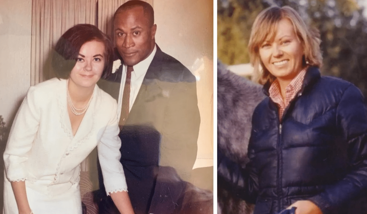 Vintage photo of Noel J. Mickelson and John Amos on their wedding day, alongside a later image of Noel Mickelson smiling outdoors in a puffer jacket next to a horse.