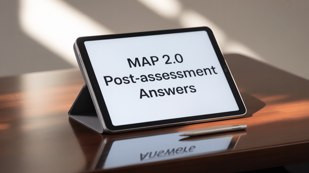A tablet sits propped up on a wooden desk displaying the text “MAP 2.0 Post-assessment Answers,” with a stylus placed beside it and soft sunlight casting shadows across the surface.