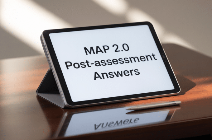 A tablet sits propped up on a wooden desk displaying the text “MAP 2.0 Post-assessment Answers,” with a stylus placed beside it and soft sunlight casting shadows across the surface.