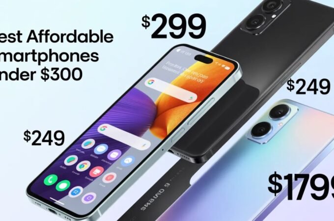 Promotional image featuring multiple budget smartphones with price tags, highlighting the best affordable smartphones under $300 with premium features, modern displays, and sleek designs.