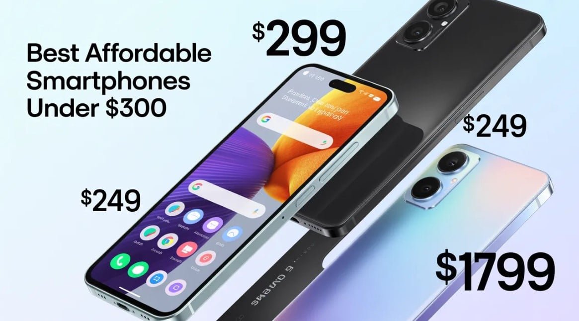 Promotional image featuring multiple budget smartphones with price tags, highlighting the best affordable smartphones under $300 with premium features, modern displays, and sleek designs.