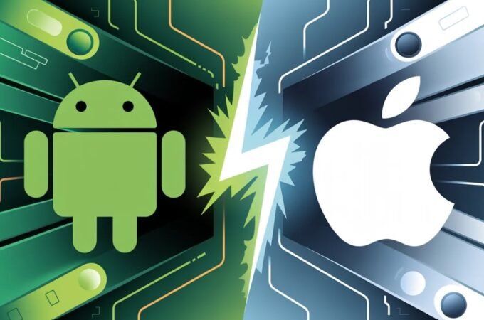 llustration showing Android and Apple iOS logos facing each other with a lightning bolt in the center, representing an Android vs iOS complete comparison between the two mobile operating systems.