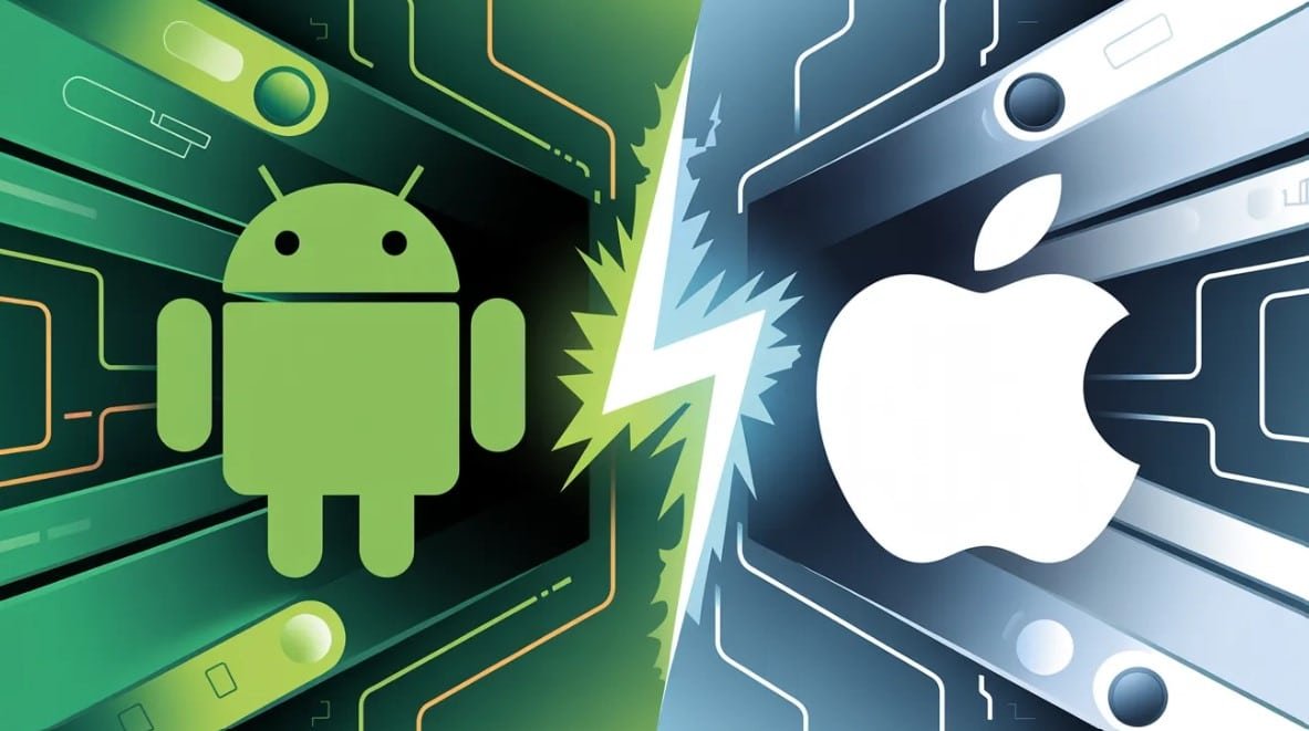 llustration showing Android and Apple iOS logos facing each other with a lightning bolt in the center, representing an Android vs iOS complete comparison between the two mobile operating systems.