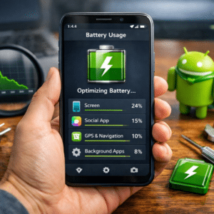 Person holding Android smartphone showing battery usage screen with green battery icon, magnifying glass, Android figurine, and tools on wooden desk.