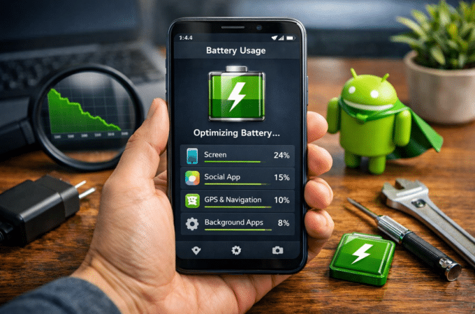 Person holding Android smartphone showing battery usage screen with green battery icon, magnifying glass, Android figurine, and tools on wooden desk.